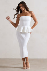White Bodycon Bandeau Midi Dress With Peplum Detail